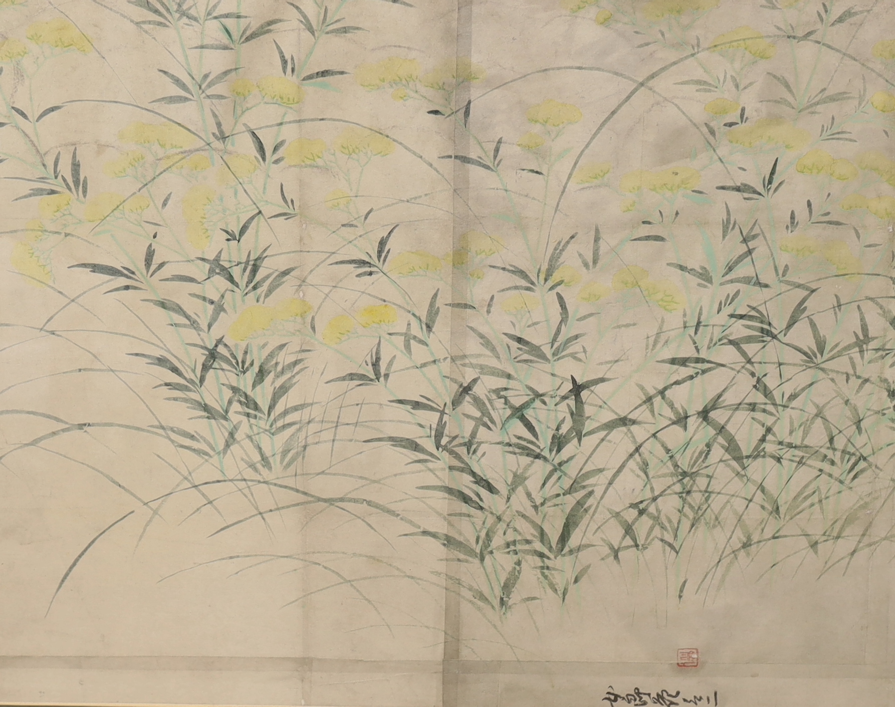 Japanese School, five watercolours, studies of cranes, figures and flowers, signed, largest 88cm x 42 cm
